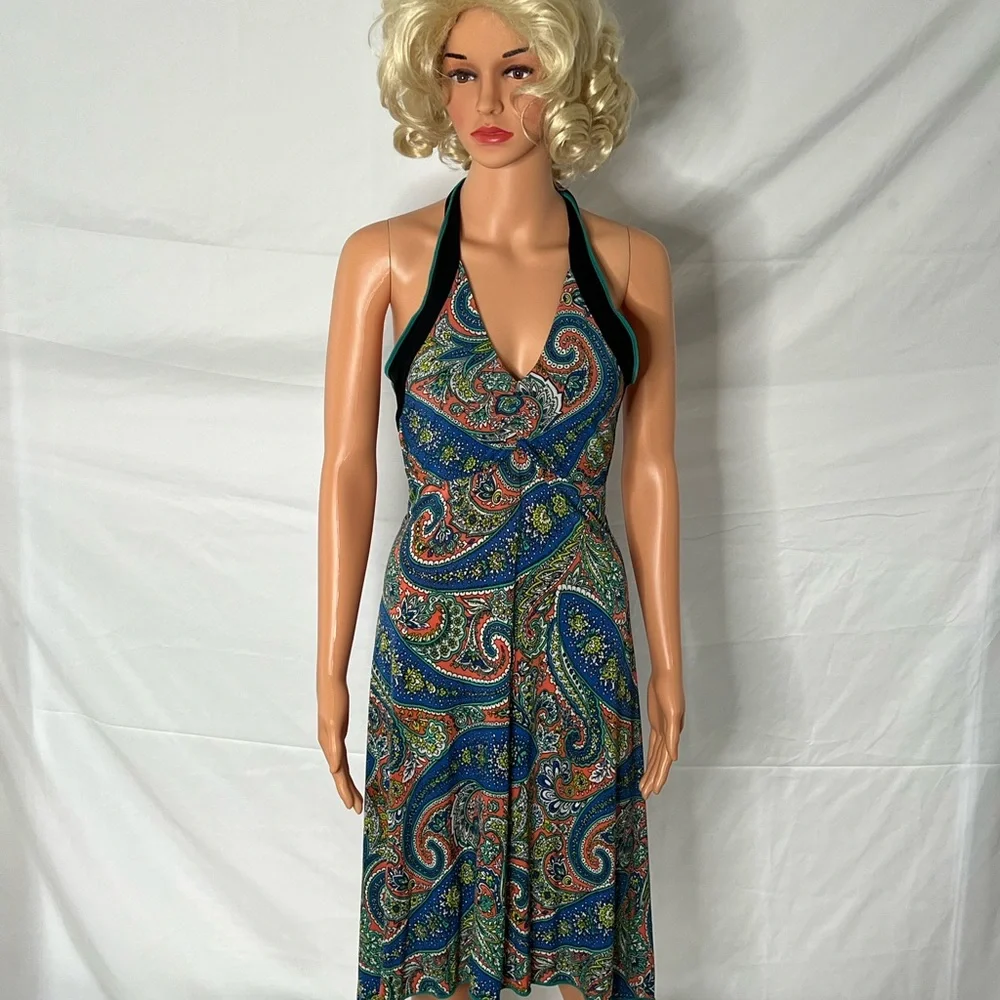 Autumn Teneyl Paisley Halter Dress with Black Trim size medium/large - Picture 2 of 10